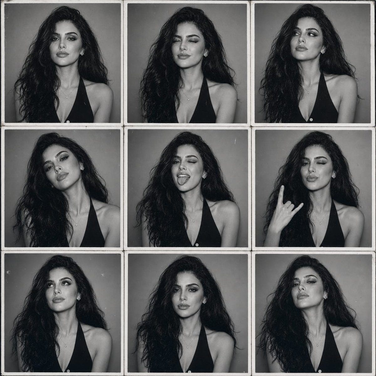 A nine-frame grid of one woman in candid poses, from a deadpan stare to a playful tongue out, printed like an analog strip with white borders and soft grain.…