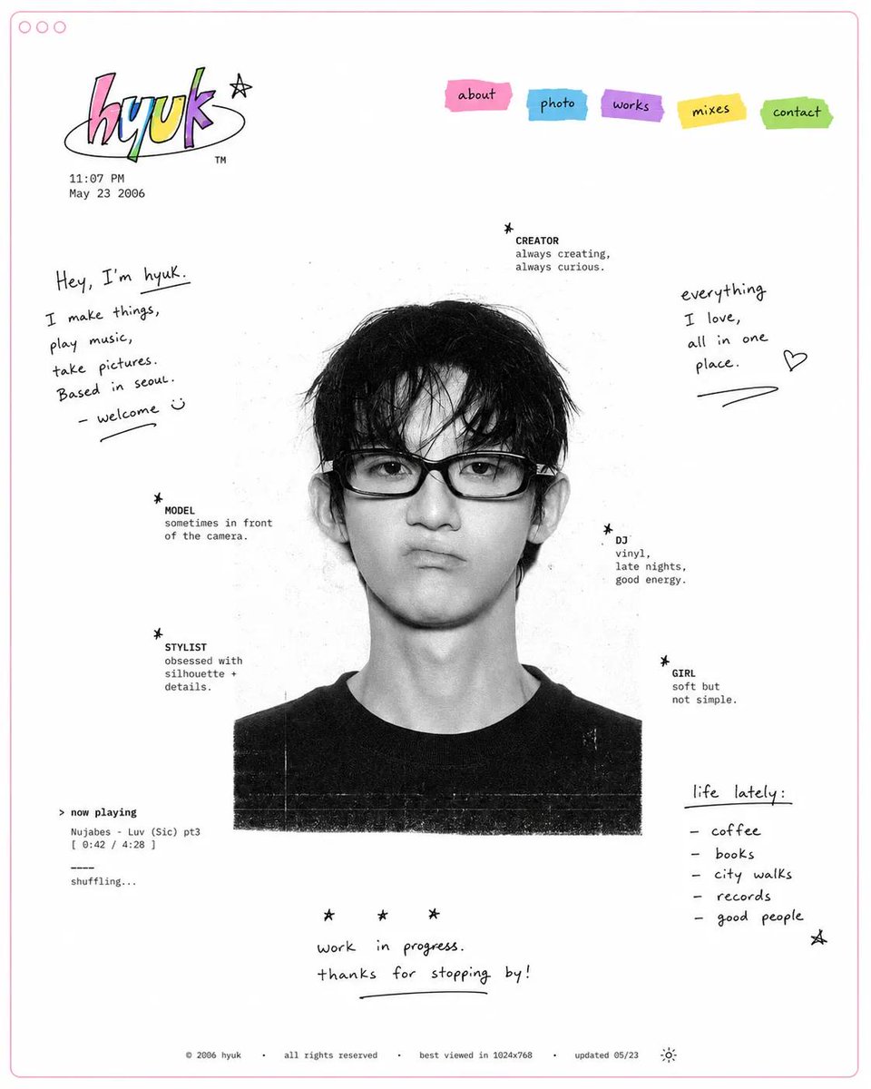 A monochrome film-grain portrait sits at the center of a pale pink browser frame, surrounded by star-bulleted role labels and a rainbow of sticker tabs. The…
