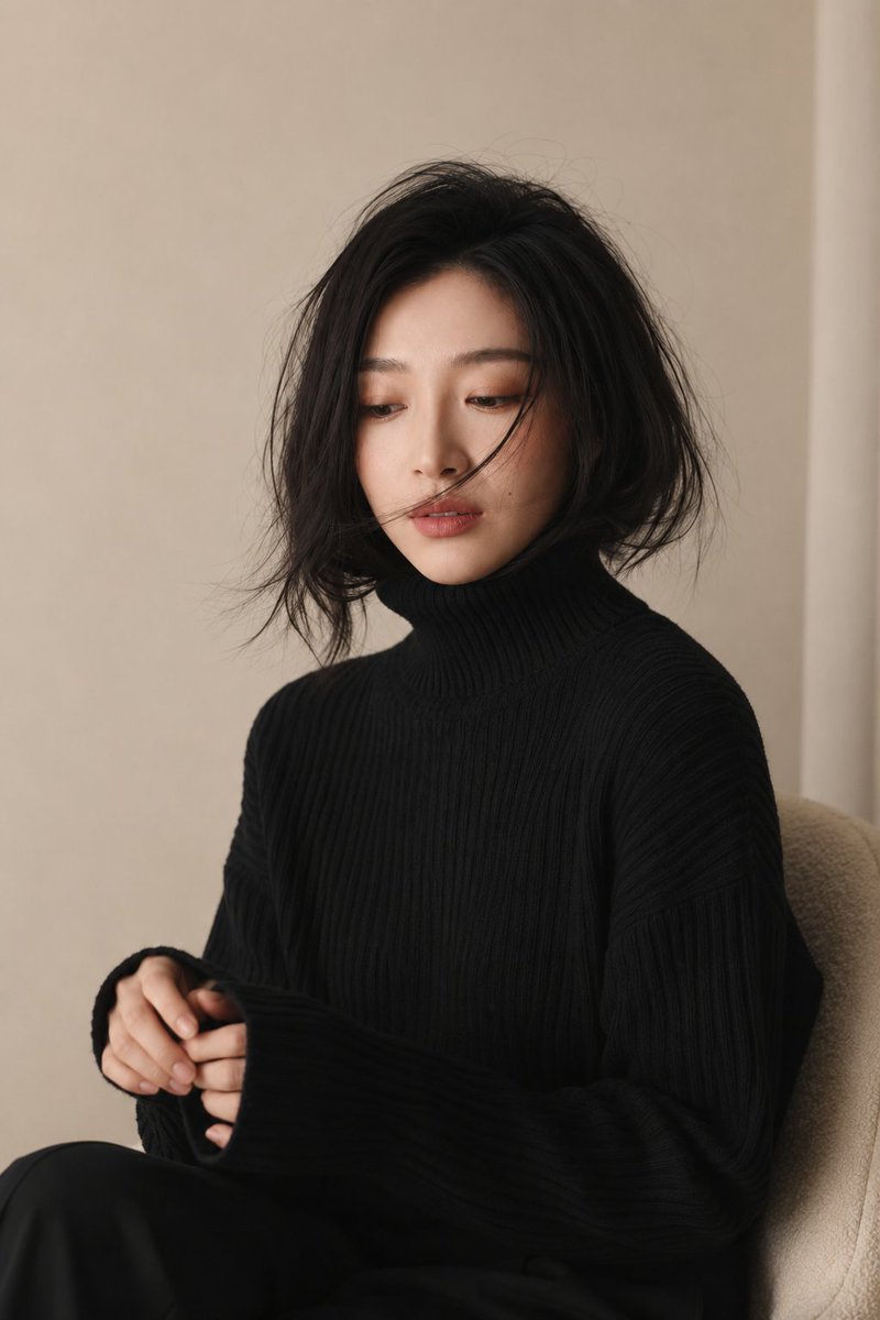 Black Bob Portrait with Ribbed Turtleneck — AI result, variation 3 of 4