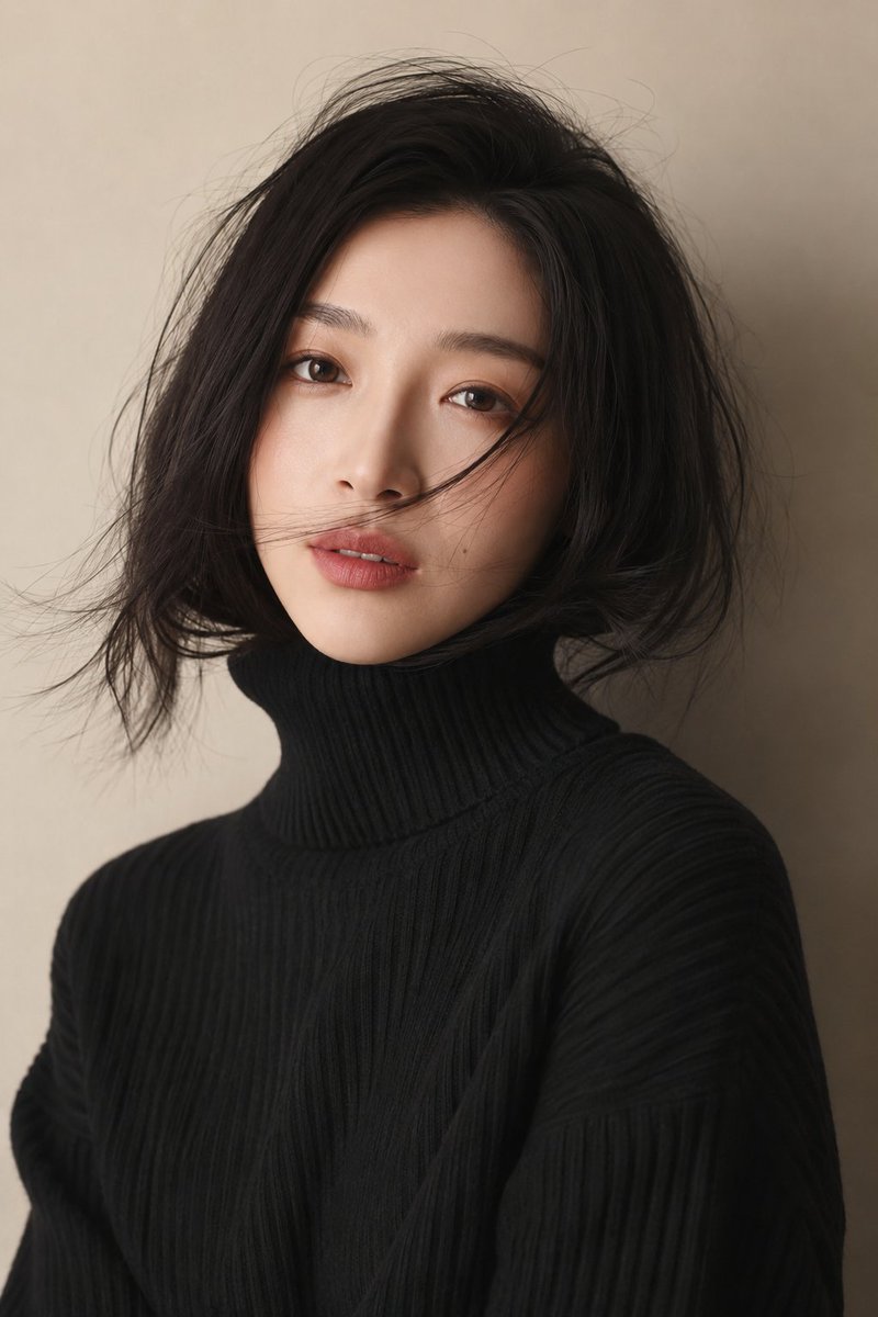 A soft, photorealistic close-up of a woman with a tousled black bob and a snug black ribbed turtleneck against warm beige. Loose strands across the face and…