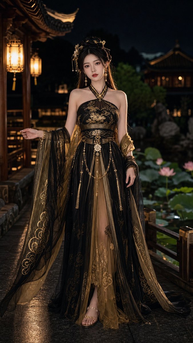 Black-Gold Hanfu Full-Body Fashion Portrait — AI result, variation 2 of 4