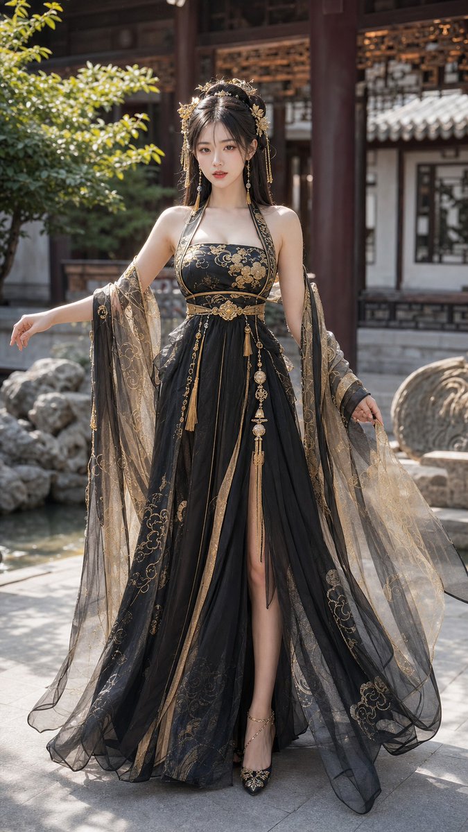Black-Gold Hanfu Full-Body Fashion Portrait — AI result, variation 3 of 4