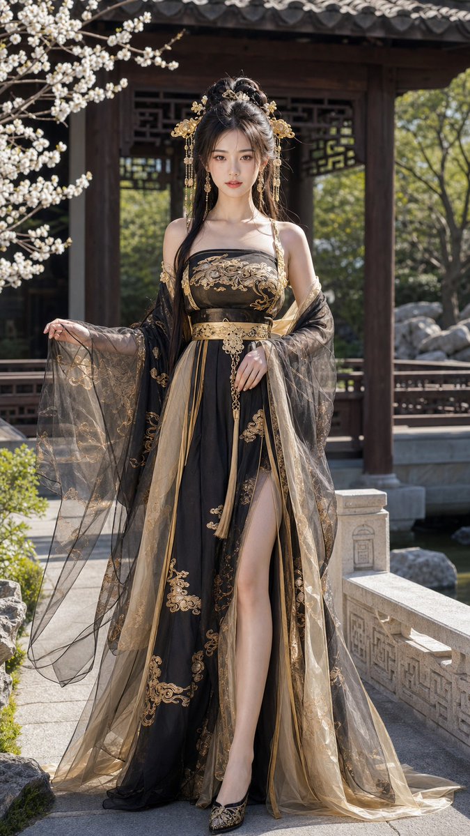 Black-Gold Hanfu Full-Body Fashion Portrait — AI result, variation 4 of 4