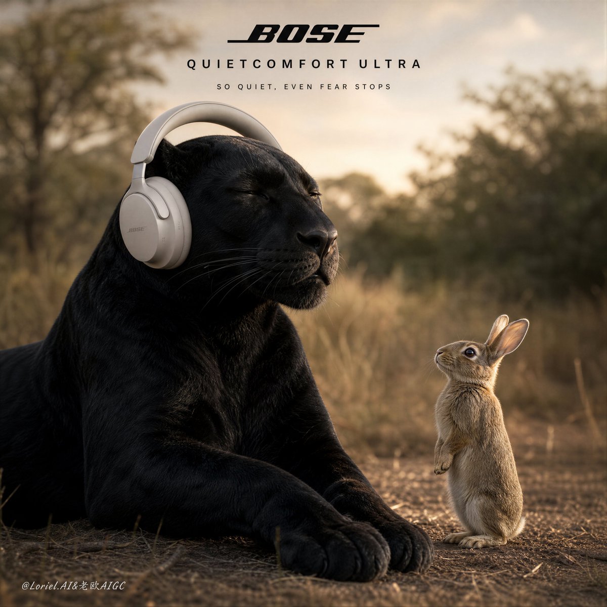 A black panther sits in calm, half-closed bliss with ivory-white over-ear headphones while one small rabbit stands upright and stares at it in disbelief. The…