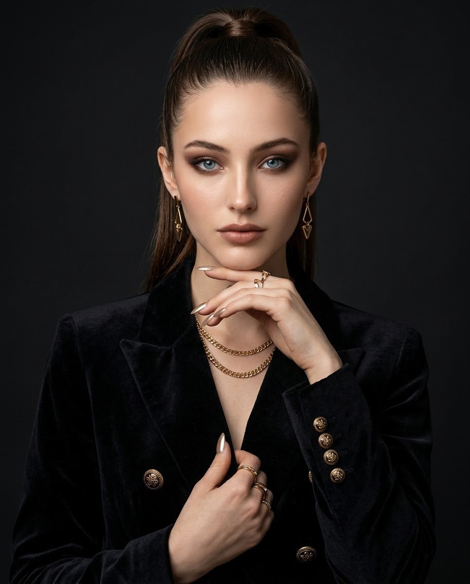 A woman in a structured black velvet blazer and layered gold jewelry poses against a charcoal backdrop, lit like a glossy fashion spread. Smoky eyes, a sleek…