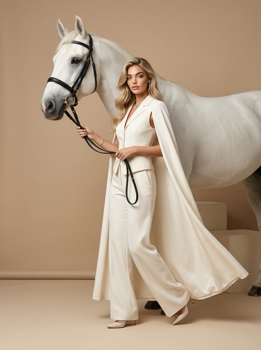 Blonde Model With White Horse Beige Studio Editorial — AI result, variation 2 of 2