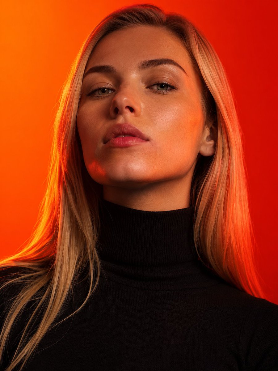 A close, low-angle fashion portrait of a woman in a black turtleneck, lit in warm orange and deep red against a gradient backdrop. The skin detail is fine and…