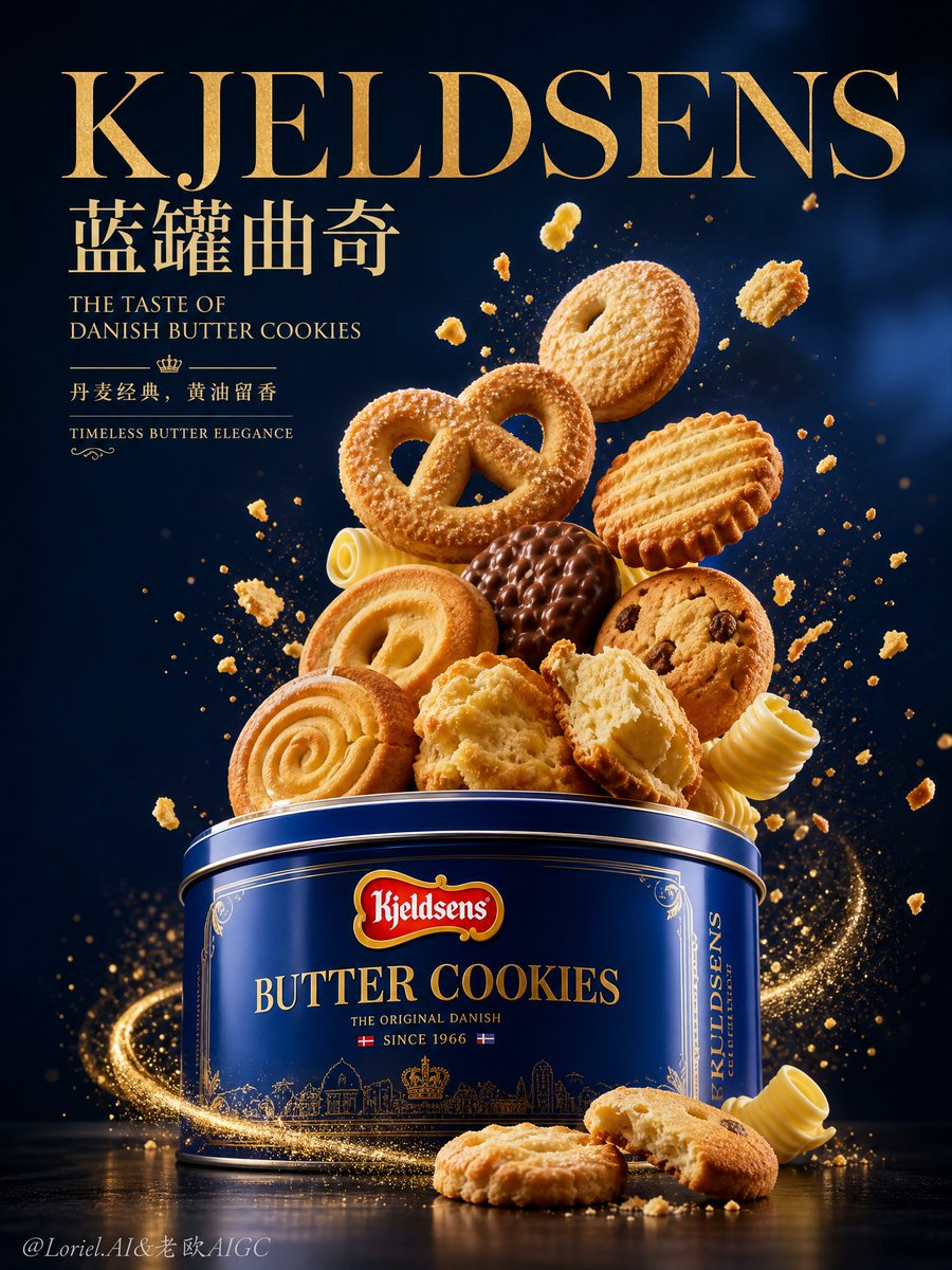 A hero shot of a royal-blue butter cookie tin rising from a tower of pretzel, ring and sugar-topped biscuits, with golden crumbs suspended mid-air. The result…