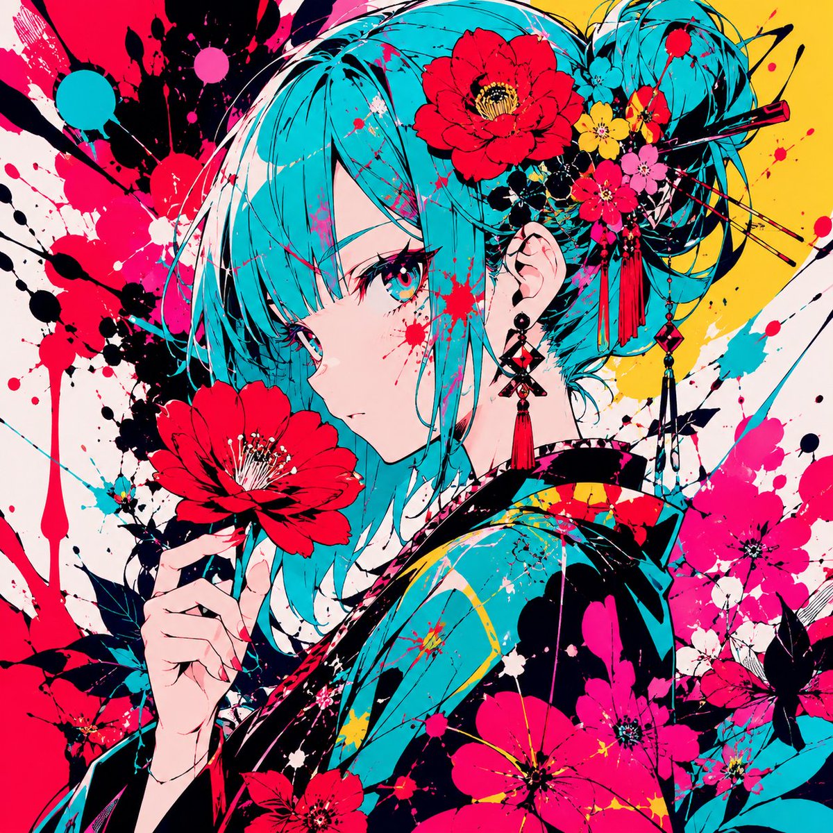 A girl with blue hair holds up a red flower against a loose spray of ink splashes and floral shapes. Flat, angular forms and crisp outlines give it a bold…