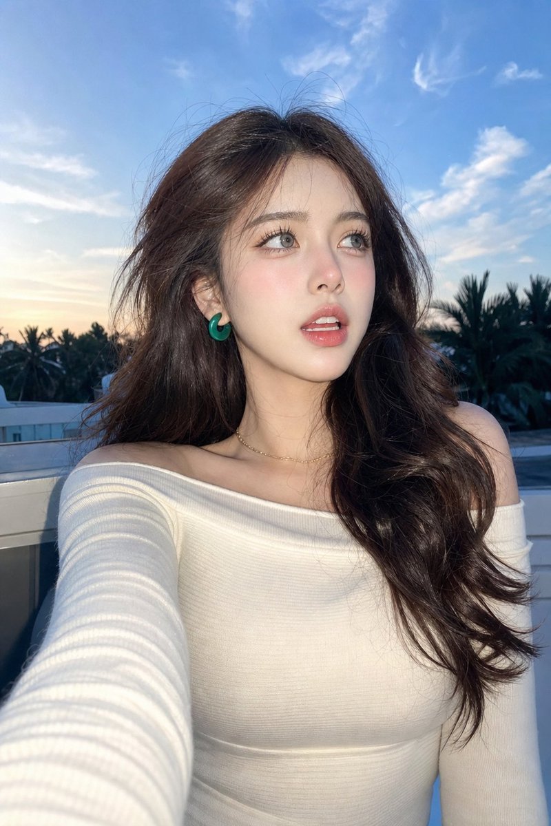 A high-angle rooftop selfie at dusk, with a woman looking up into a deep blue sky while tropical silhouettes and city lights fade behind her. Soft wind in her…