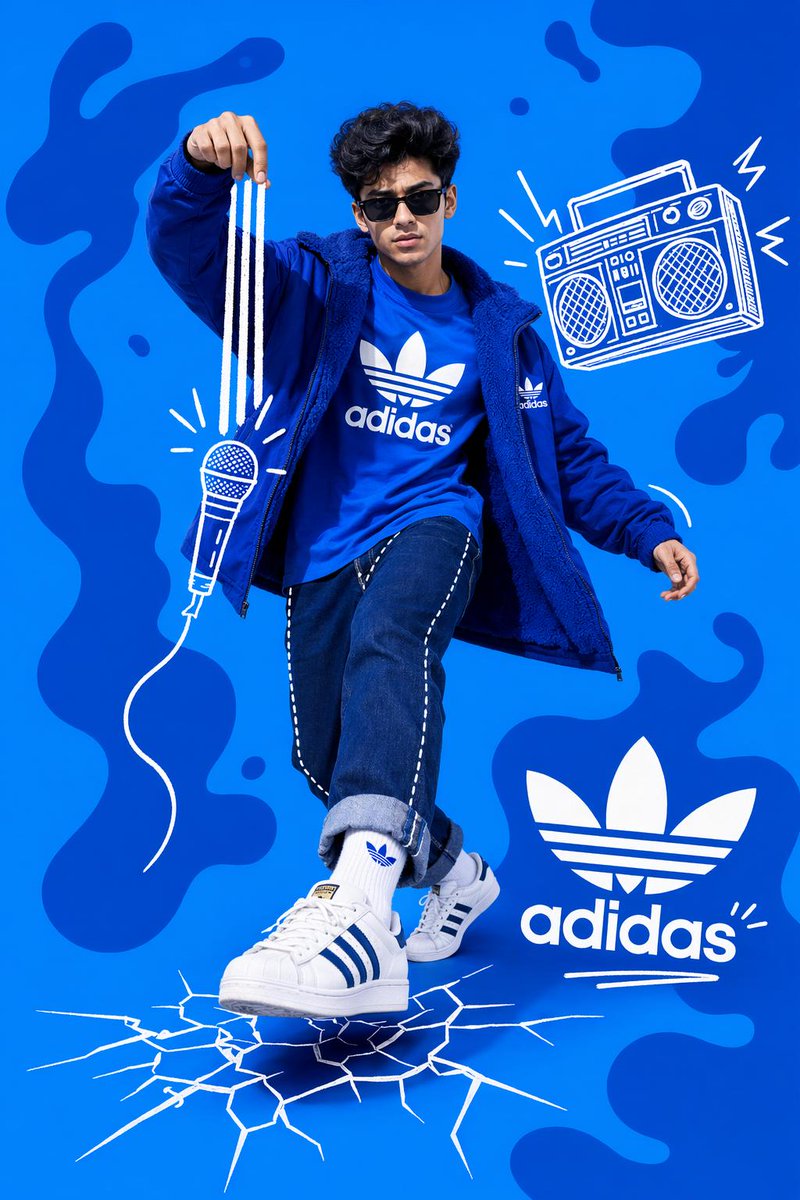 A streetwear model in an all-blue outfit stands over a flat sky-blue backdrop, with white hand-drawn doodles of a boombox, microphone and cracked pavement. The…