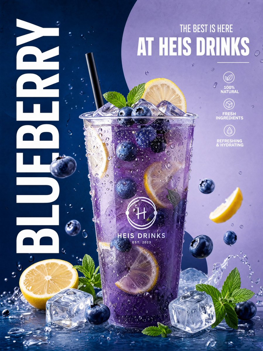 A chilled glass of purple-blue lemonade sits centered against a navy and lavender split background, with blueberries, lemon slices and mint drifting around it.…