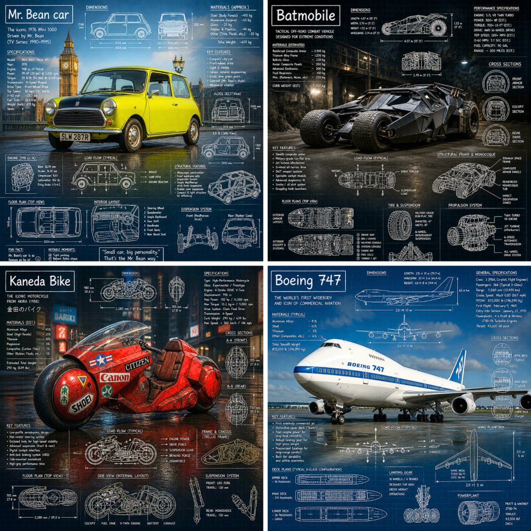 A real photograph of a vehicle is covered in white chalk-style technical sketches: measurements, cross-sections, load arrows and notes. The result reads like…
