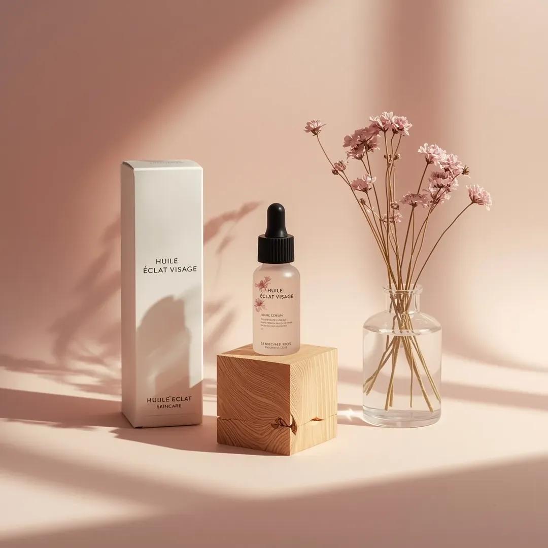 Blush Facial Oil Bottle on Wood Cube Product Photo — AI result, variation 2 of 4