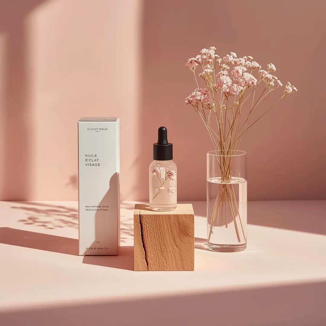 Blush Facial Oil Bottle on Wood Cube Product Photo — AI result, variation 3 of 4