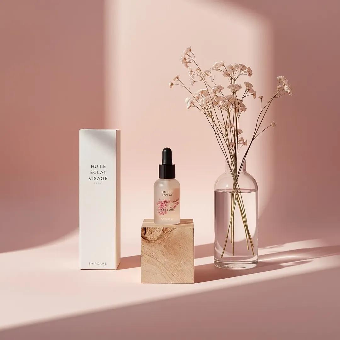 Blush Facial Oil Bottle on Wood Cube Product Photo — AI result, variation 4 of 4