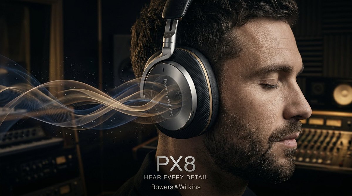 A macro close-up of a calm, eyes-closed musician with the Bowers & Wilkins PX8 headphones filling the frame, sound waves and particles glowing across the…