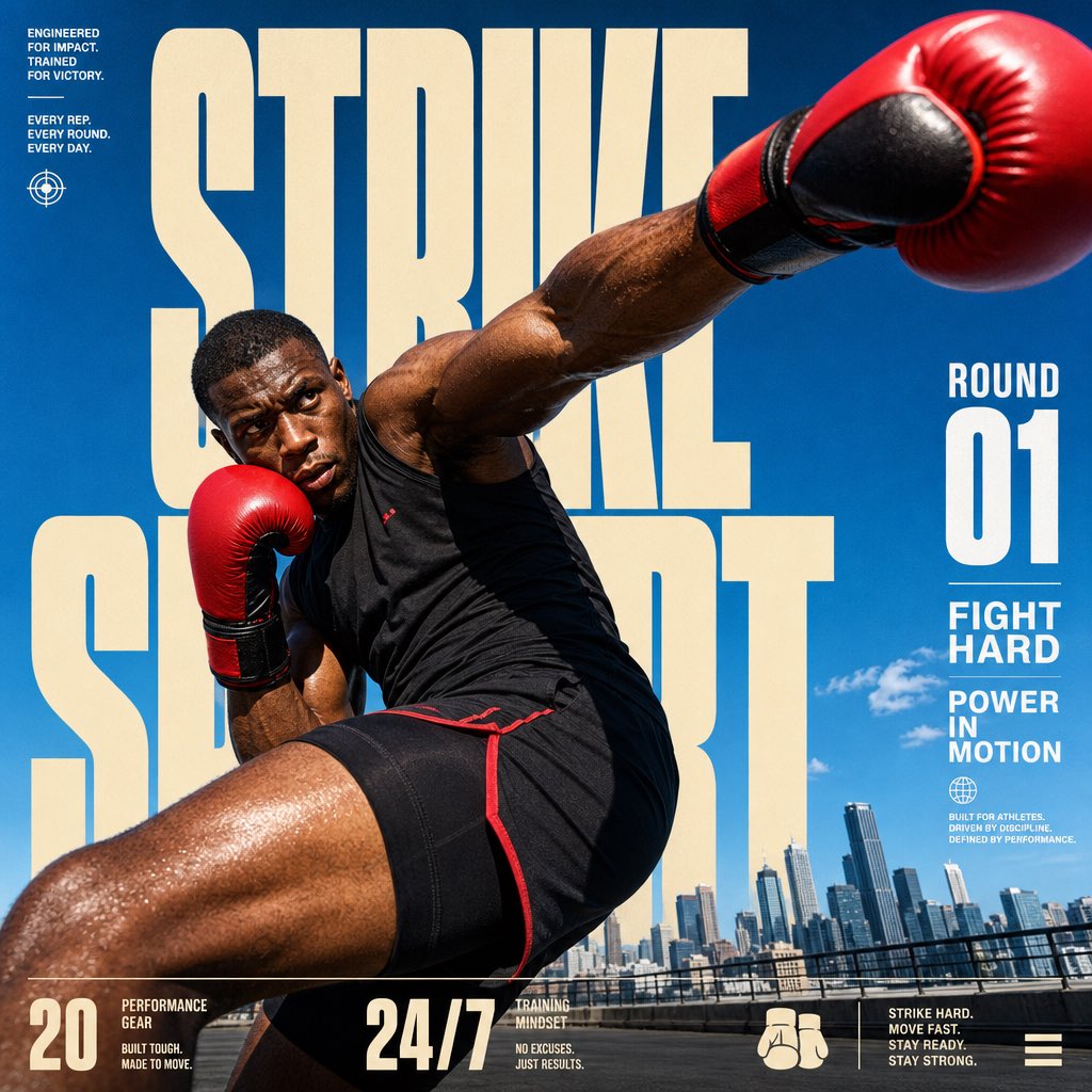 A boxer throws a hook on a sunlit city rooftop while oversized cream letters sit behind the frame and get cut off by the edge. Sky-blue tones, one red accent…