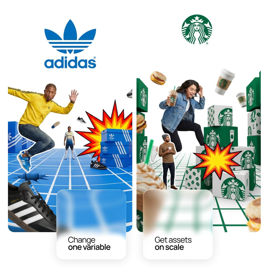 A vertical campaign poster that sets photographic athletes and oversized sneakers inside a brand-colored CGI grid floor under a clean white logo zone. The…