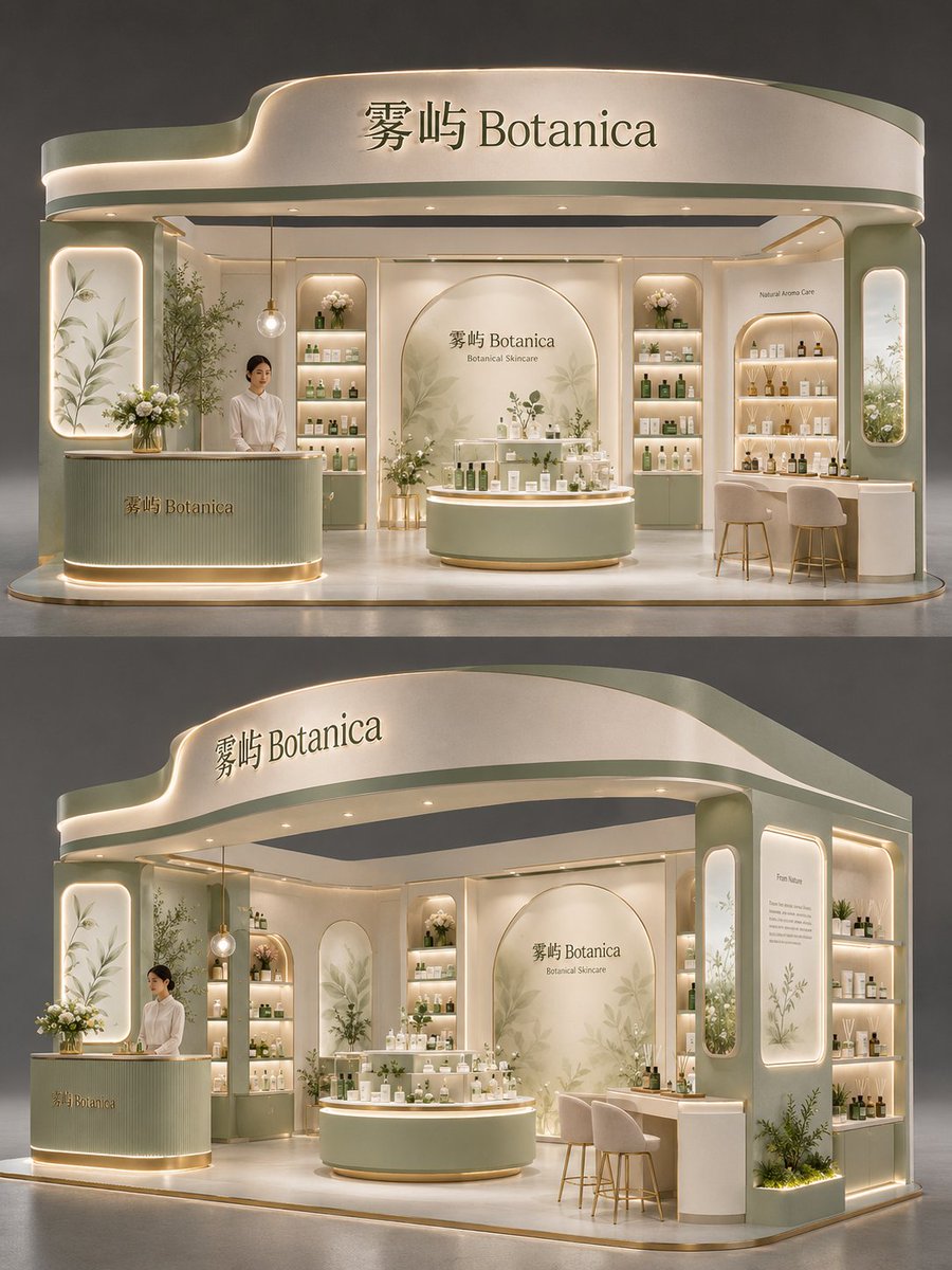 A vertical two-view proposal of one exhibition booth, with a frontal facade on top and an angled interior perspective below. It reads like a pitch deck page…