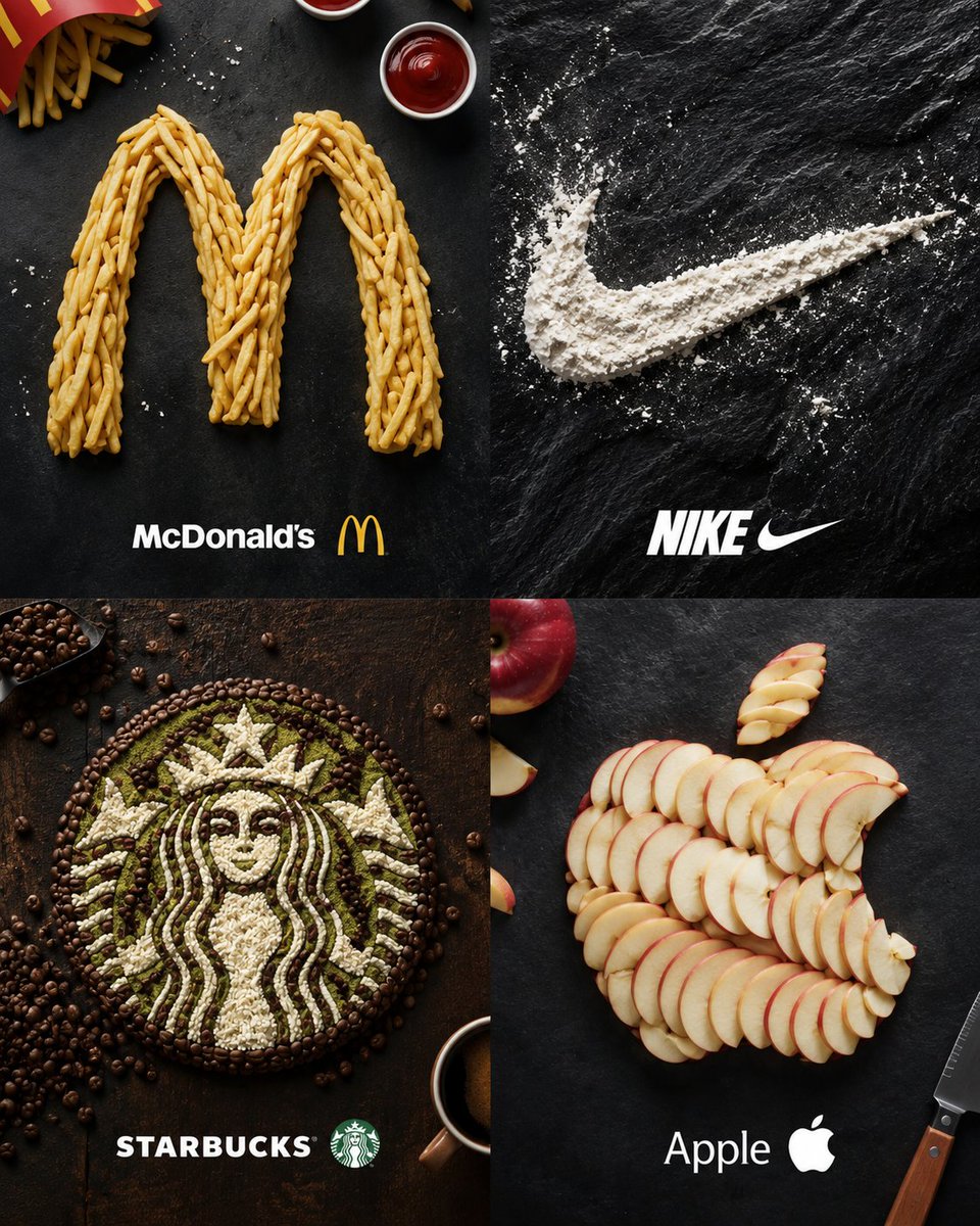 A brand logo rebuilt entirely from edible ingredients, chosen to suit the brand's colors and industry, and shot as a glossy overhead flat lay. The shape stays…
