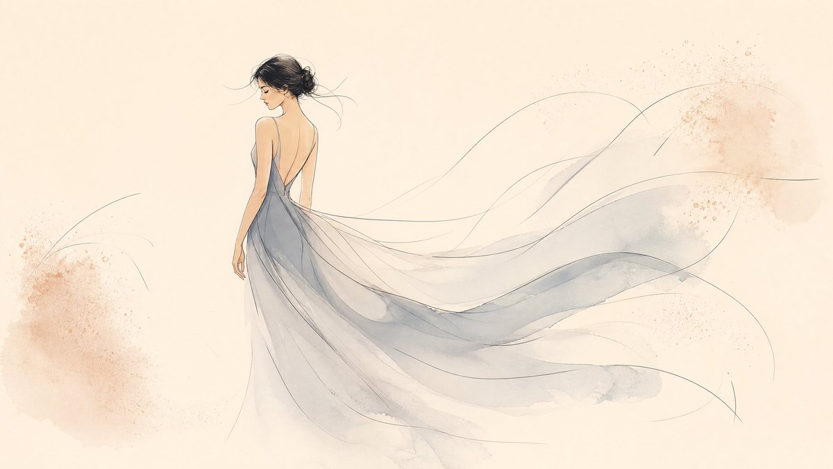 A sparse, airy illustration in which a single subject appears caught mid-gust, held by a few long curved strokes and a soft haze of colour at the edges. The…