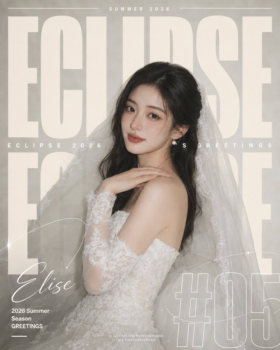 A soft, cream-toned fashion portrait of a woman in a white lace gown and pearl jewelry, with huge condensed letters running behind and in front of her. Her…