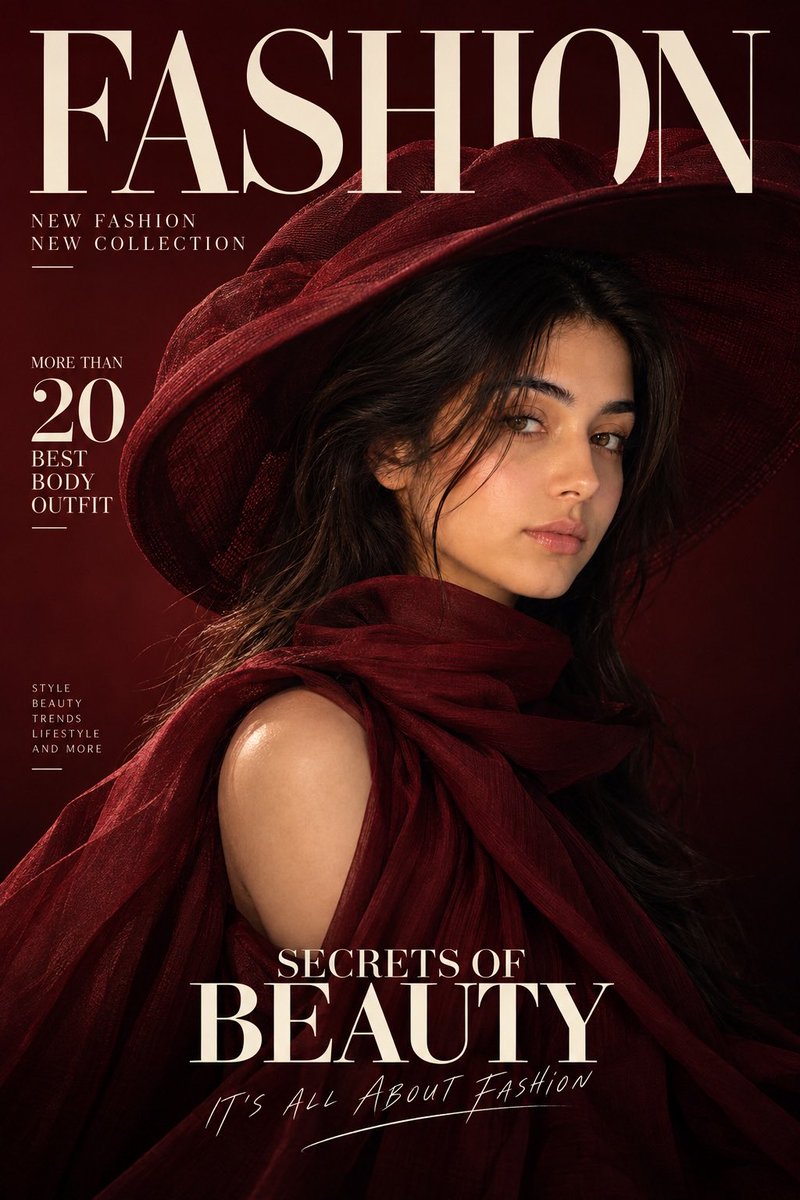 A vertical fashion cover in deep burgundy and black, with a model in a sculptural wide-brim hat and a draped cowl collar turned in profile. Serif masthead and…