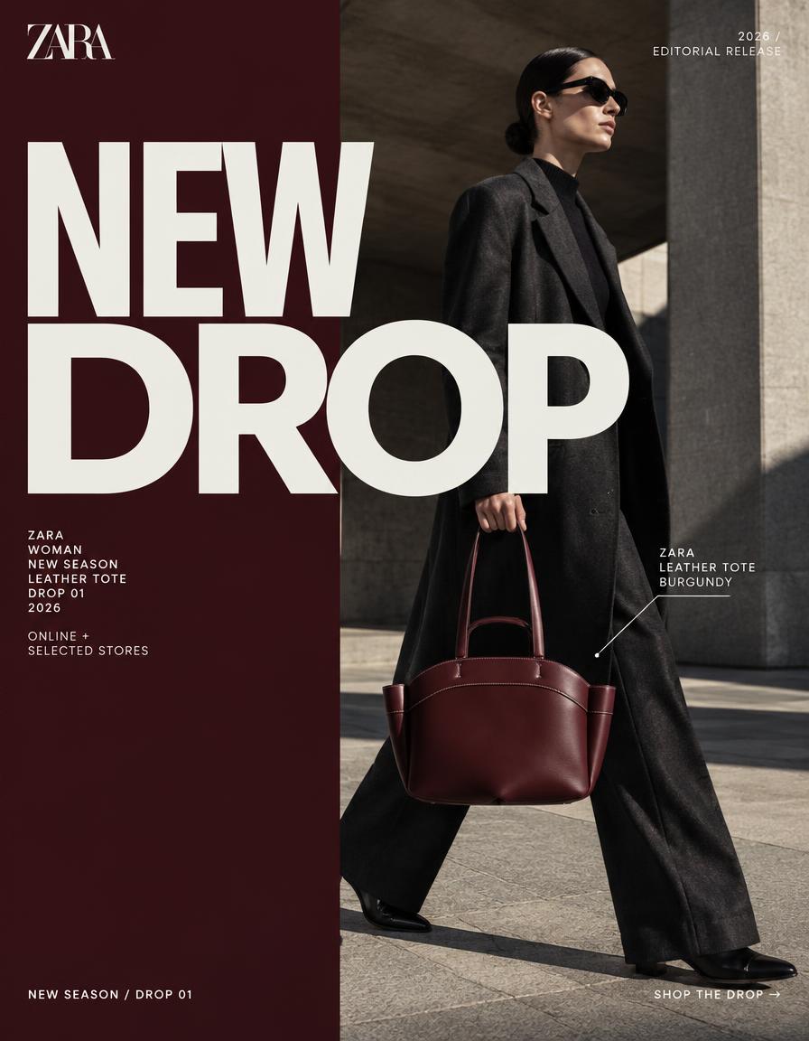 A fashion-campaign poster where an oxblood leather tote is the cult object, carried through brutalist architecture beside oversized NEW DROP type that crosses…