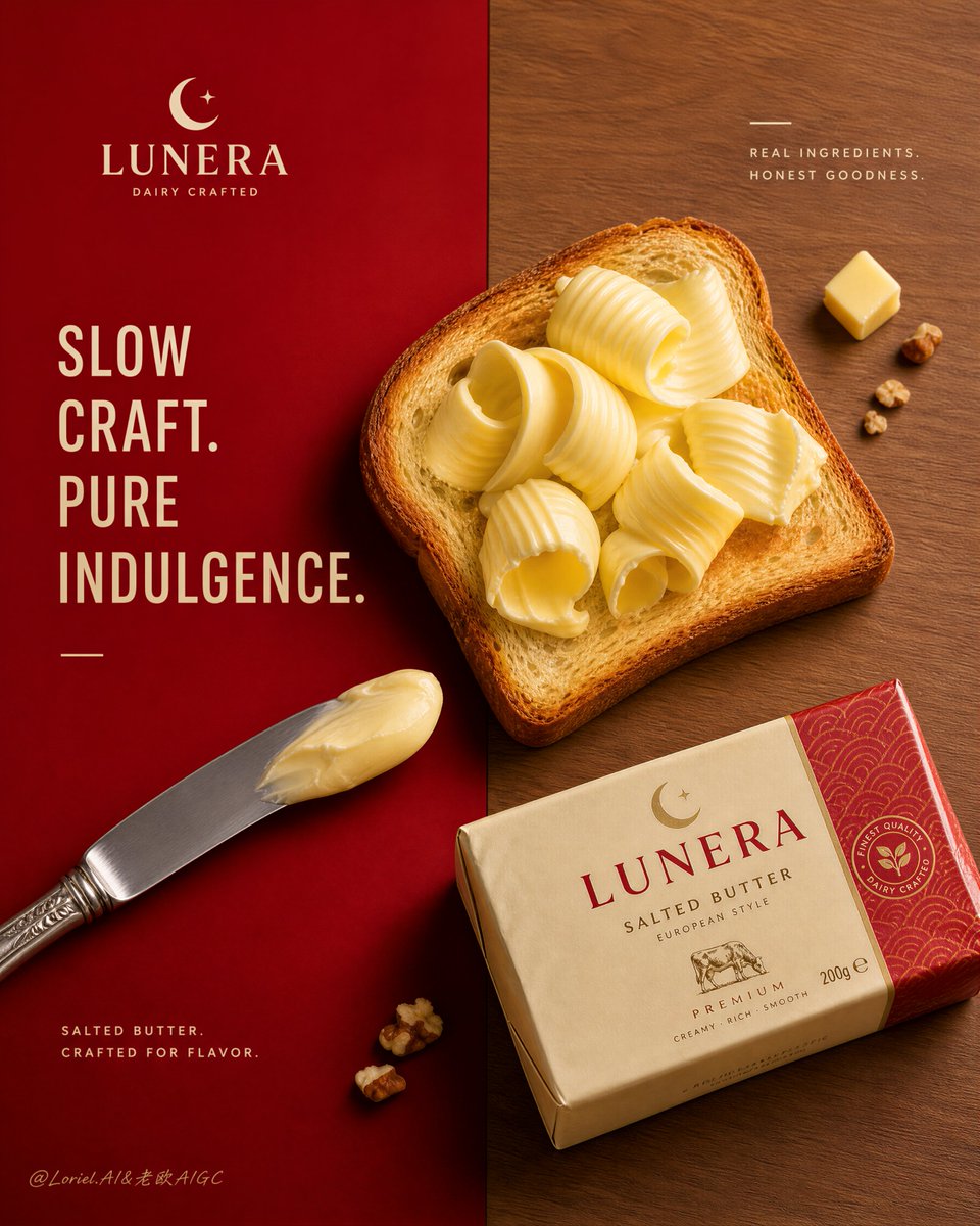 A flat-lay dairy ad with pale butter curls on golden toast, set against a split crimson and walnut background. The butter reads as the appetite trigger, while…