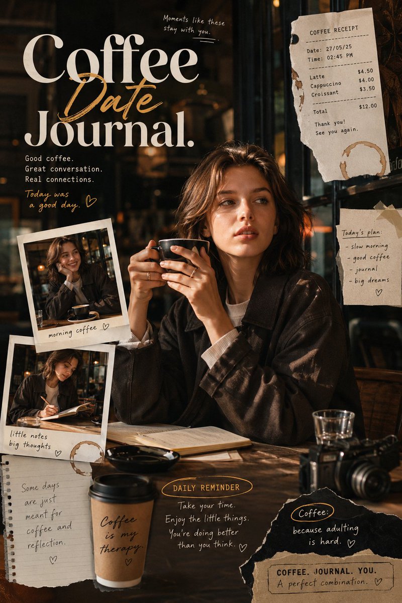 A warm editorial poster built like a page from a café diary, with receipts, handwritten notes and candid snapshots layered around a fashion-style figure. The…