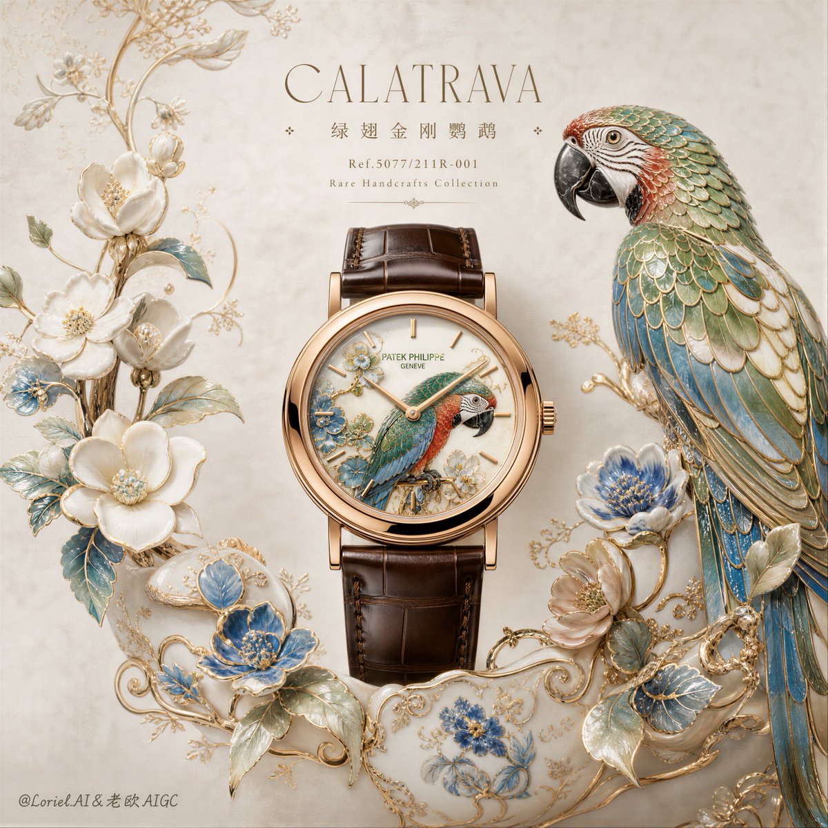 A vertical luxury campaign plate built around a rose-gold Calatrava watch, with a macaw and pale botanical blossoms arranged in soft porcelain and enamel…