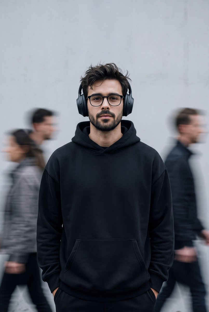 A still, centered portrait of a person in a black hoodie and headphones, sharp and composed while ghosted figures streak past on both sides. The contrast…