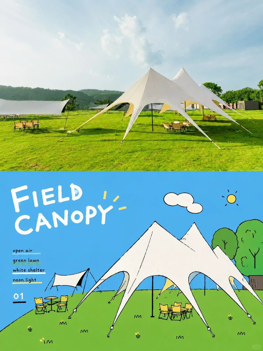 A photo of a camp in an open green field is paired with a loose ink sketch of the same scene, bold blue sky and handwritten words like FIELD and CANOPY. The…