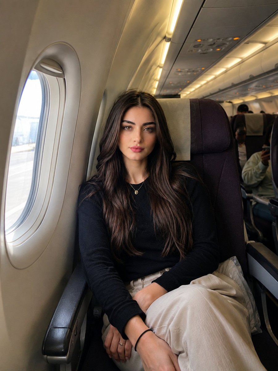 A relaxed portrait of a woman in a window seat, lit by soft daylight from the plane's window, with a few blurred passengers behind her. It reads like a…