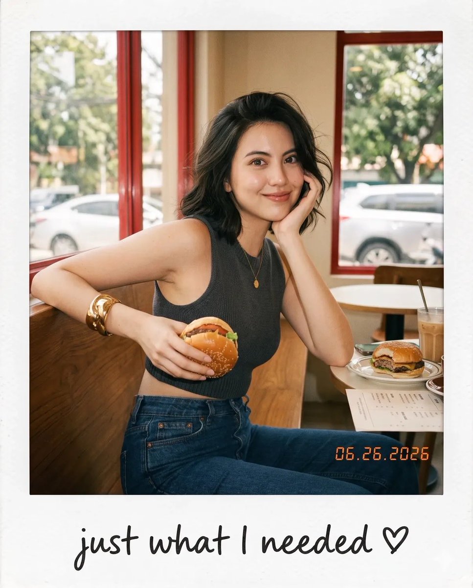 A young woman caught mid-bite at a café table, her head turned toward the camera with a surprised look. The warm film grain, white Polaroid border and…