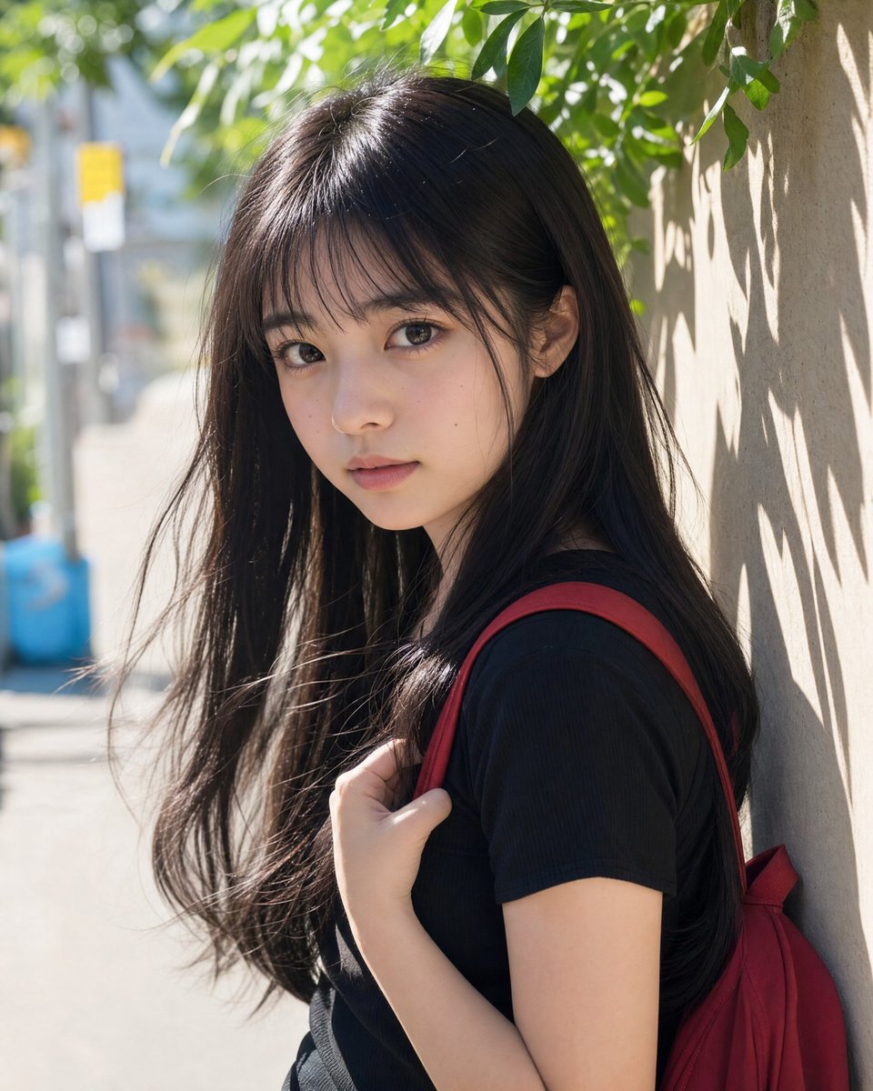 A side-profile moment of a young woman lifting both hands to tie her long black hair into a bun, lit by soft sunlight. The frame feels unposed, with natural…