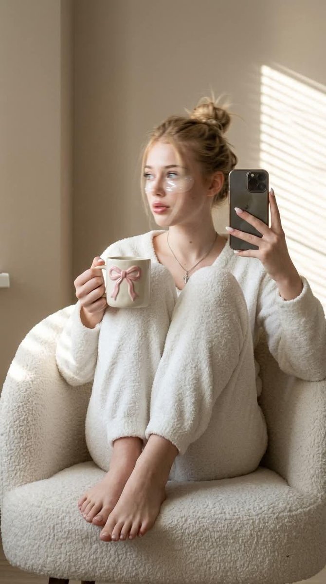 Candid Morning Selfie in a White Armchair — AI result, variation 2 of 2