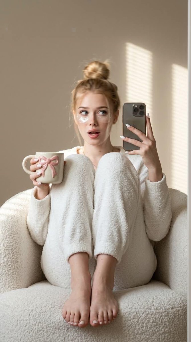 A vertical portrait of a woman mid-turn in a white boucle chair, with soft blur across her face and hair and striped morning light across a beige wall. It…