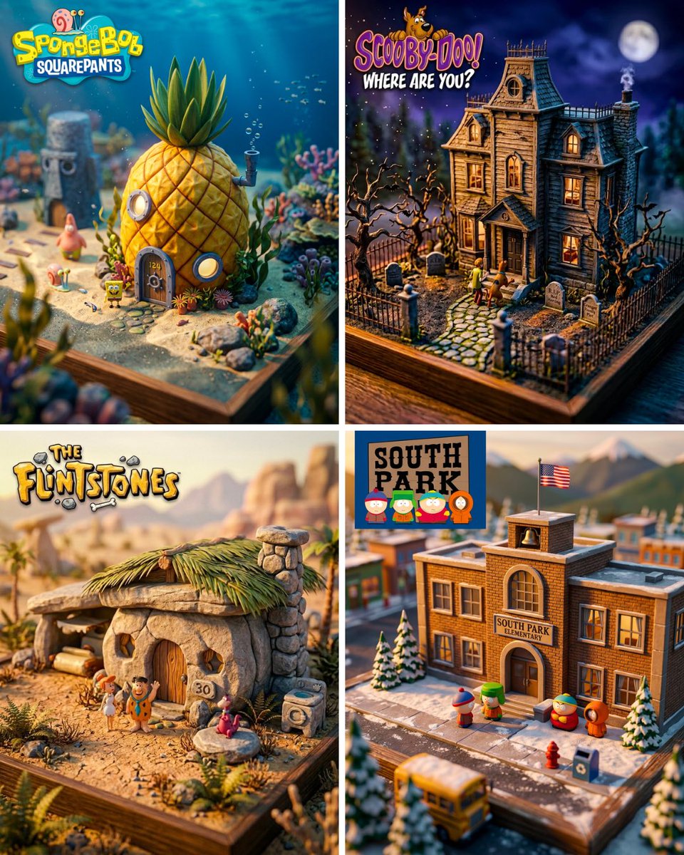 A cartoon setting rebuilt as a photorealistic scale model, with the building filling most of the frame. Tilt-shift blur turns the surroundings into a toy-like…