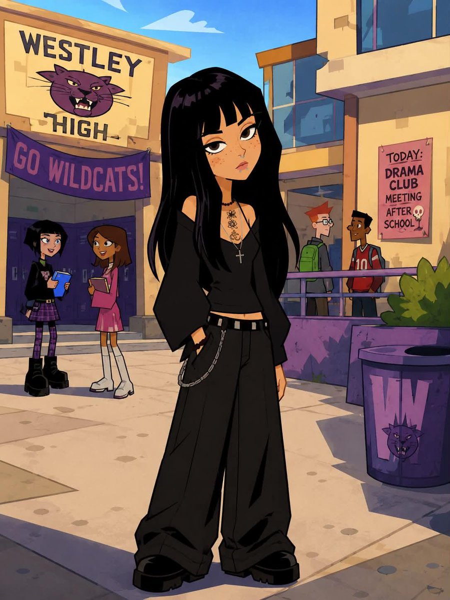 Your reference photo becomes a full-body cartoon character with bold outlines, cel shading and soft, bright colors. The figure stands in a playful town or…