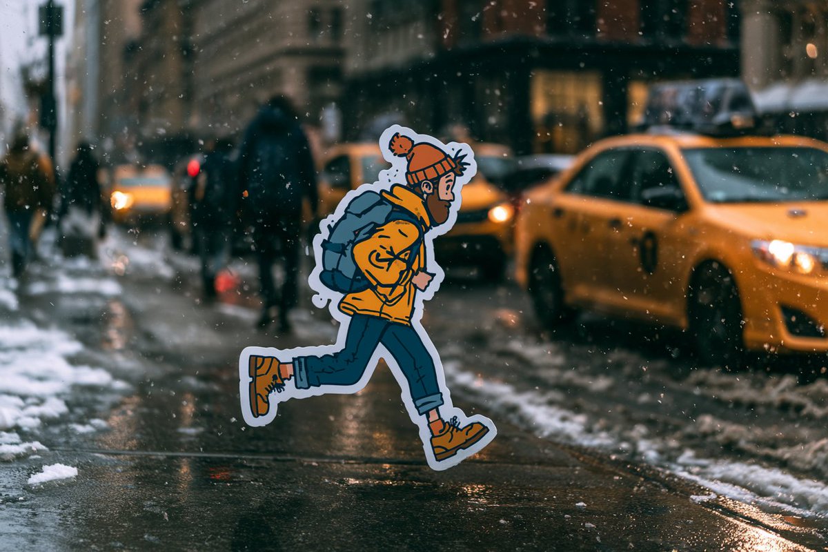 A flat, bold cartoon character with a white sticker border appears to walk straight into a real photographed scene. The contrast between the drawn figure and…