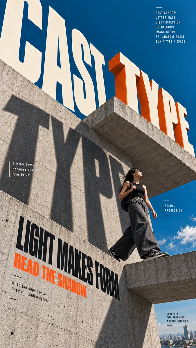 Four vertical posters where giant letters cast real shadows, wrap around concrete corners and drift between depths beside young figures. Cobalt sky, raw…
