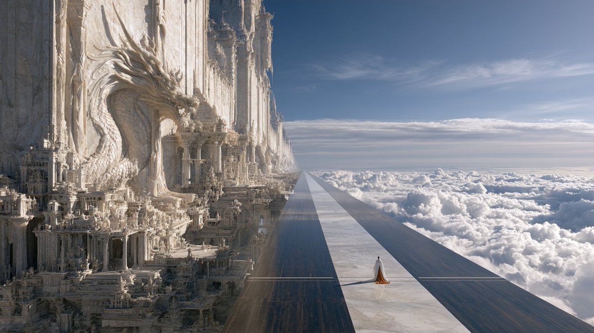 A vast jade palace wall rises on one side while a sea of clouds opens on the other, and a tiny figure in white robes stands at the far end of a reflective…