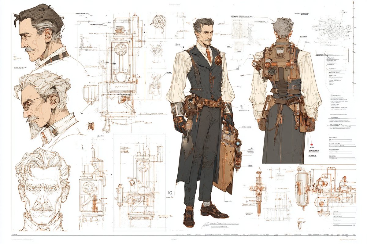 Character Concept Sheet With Annotated Blueprint Views — AI result, variation 4 of 4