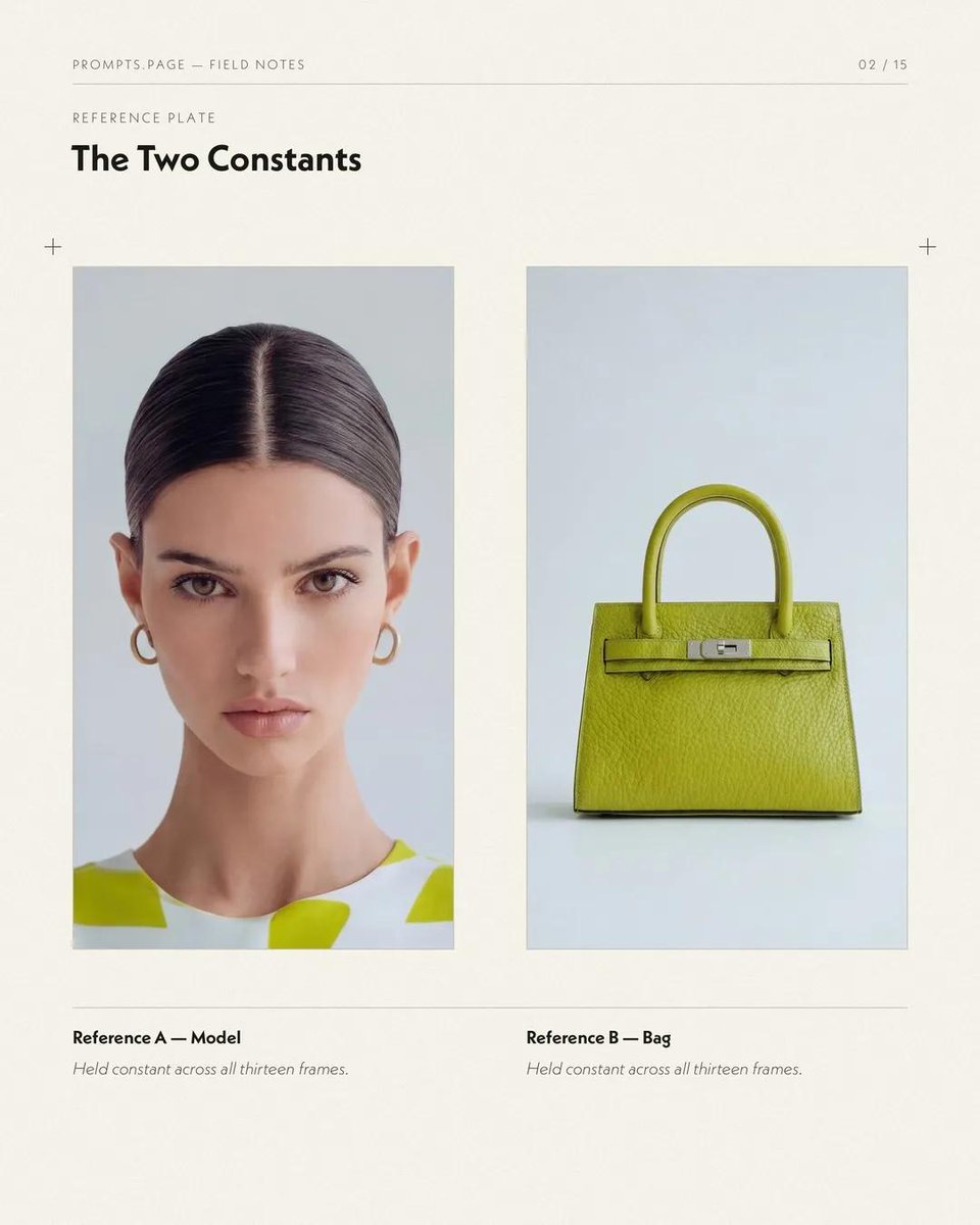 A woman stands in a plain grey studio in a sleeveless jumpsuit with a bold lime and white geometric pattern, holding a matching textured handbag. The look…