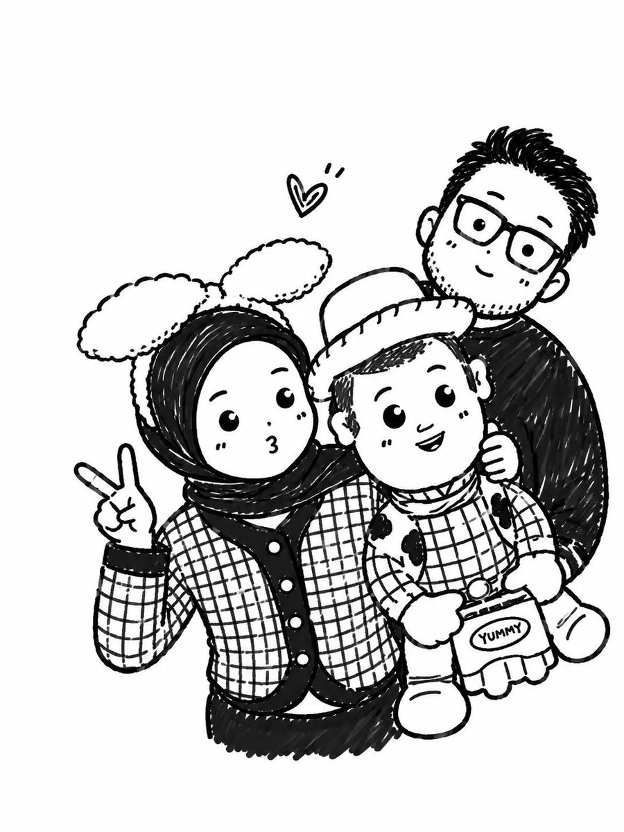 Chibi Family Portrait in Black Ink Doodle — AI result, variation 3 of 4