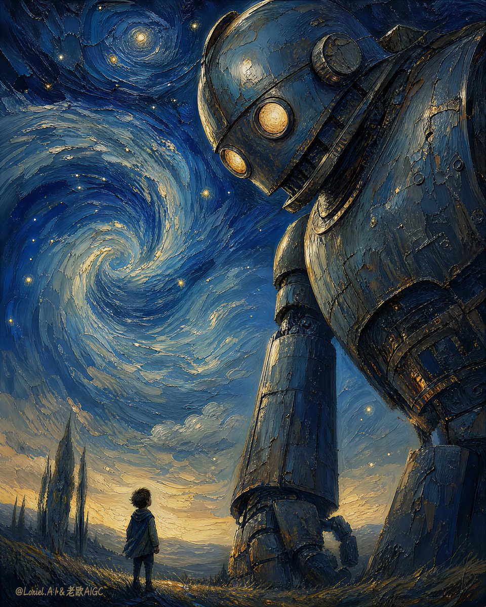 Child Meets Robot Oil Painting Under Starry Sky — AI result, variation 2 of 2