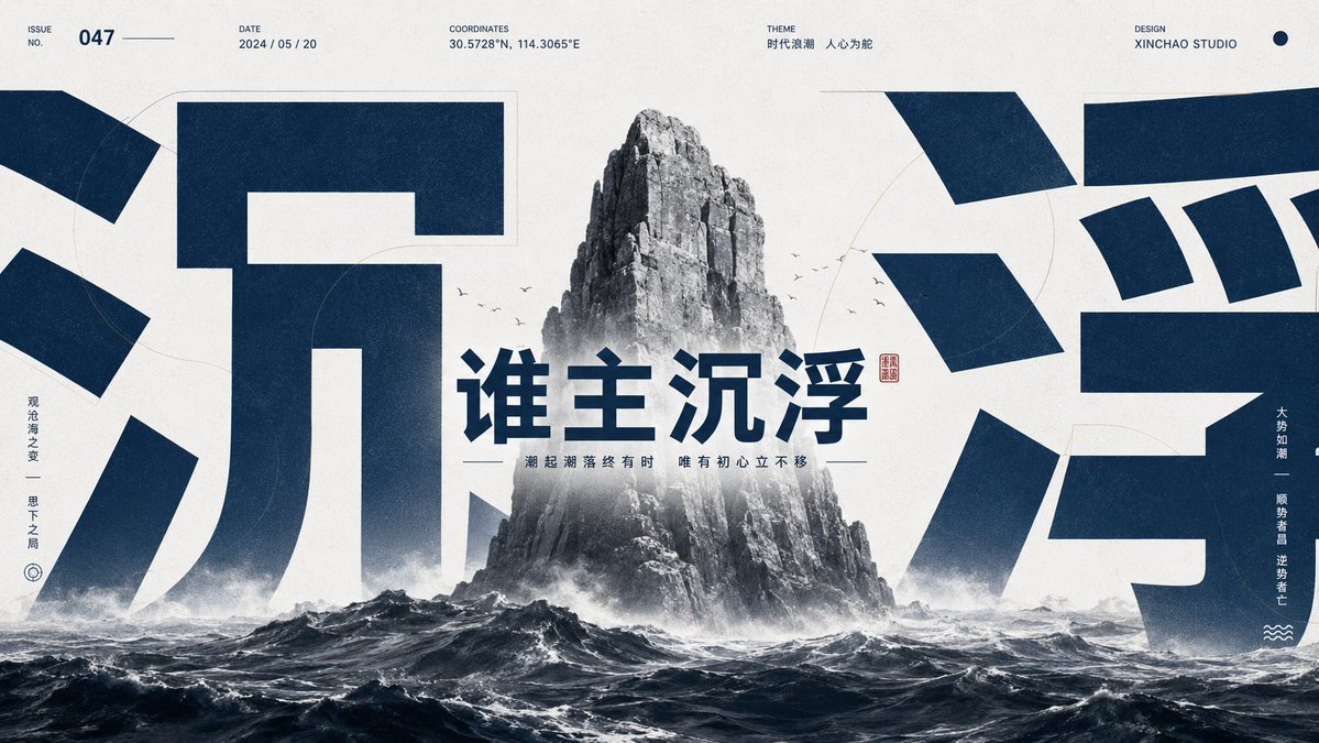 A bright, airy editorial poster built around the Chinese phrase 谁主沉浮 set in giant cropped characters. A grayscale symbolic form sits between the glyphs, with…