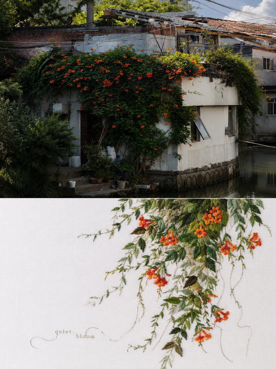A photograph sits on top while a single embroidered fragment below distills its core gesture into silk-thread stitches. Open negative space and lively…